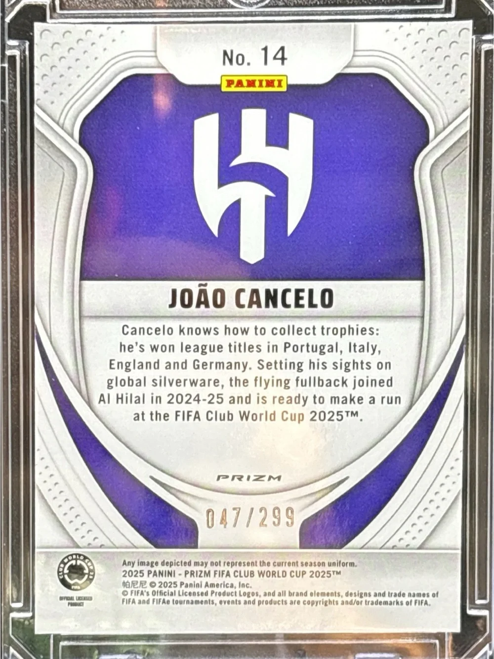 Panini Prizm Joao Cancelo Pink Blue Holographic Soccer Card LE 47/299